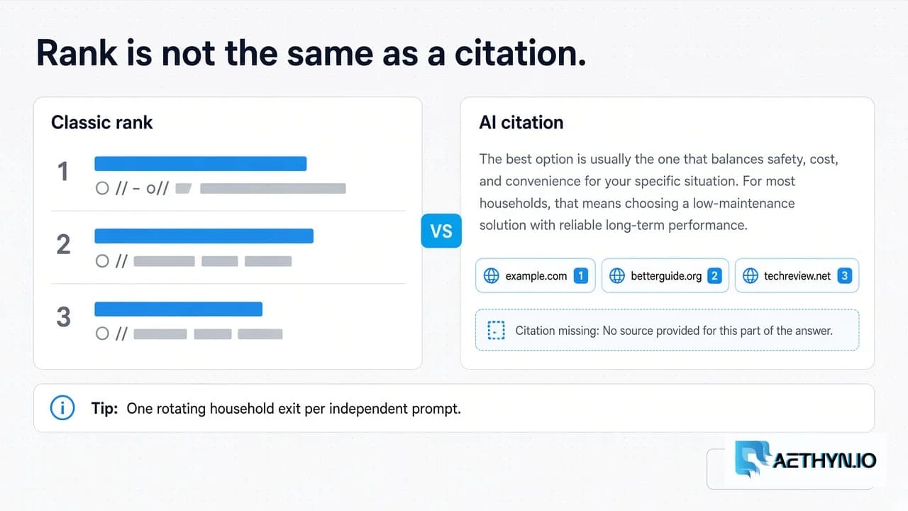 Classic blue-link rank table versus an AI answer with numbered citation chips from a household exit