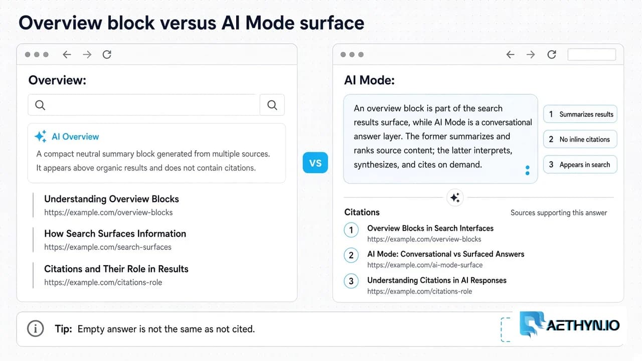 Editorial board contrasting a Google AI Overview block above organic results with an AI Mode conversation and numbered citation pills.