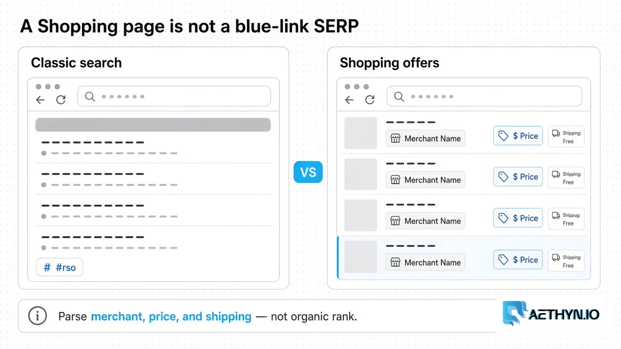 Editorial board contrasting a classic Google blue-link SERP with a Shopping offer grid of merchant, price, and shipping chips.