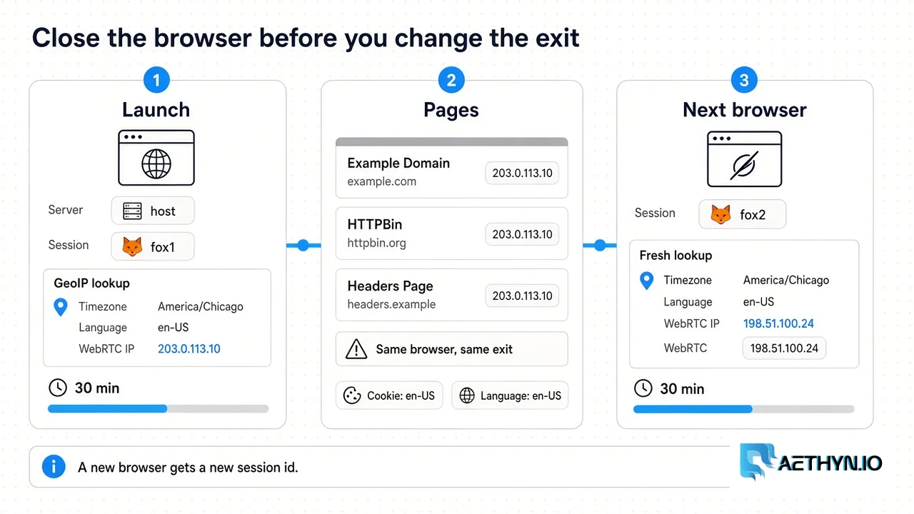 Pages inside one browser share the launch exit. A new Camoufox() call does not rotate that exit by itself. The session id on the username does. Launch looks up the exit, pages stay on it, the next browser gets a new session