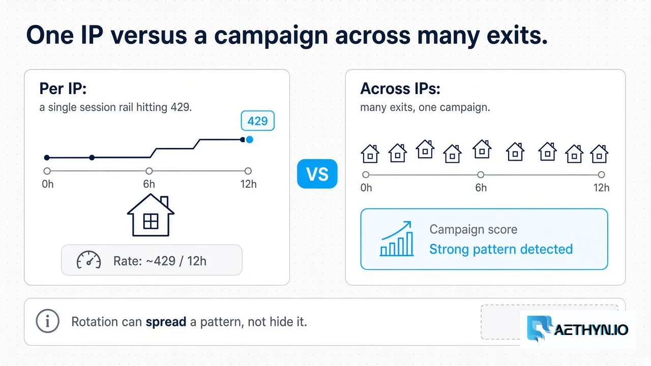 One IP hitting a 429 versus many household exits on the same timing pattern lighting a campaign score