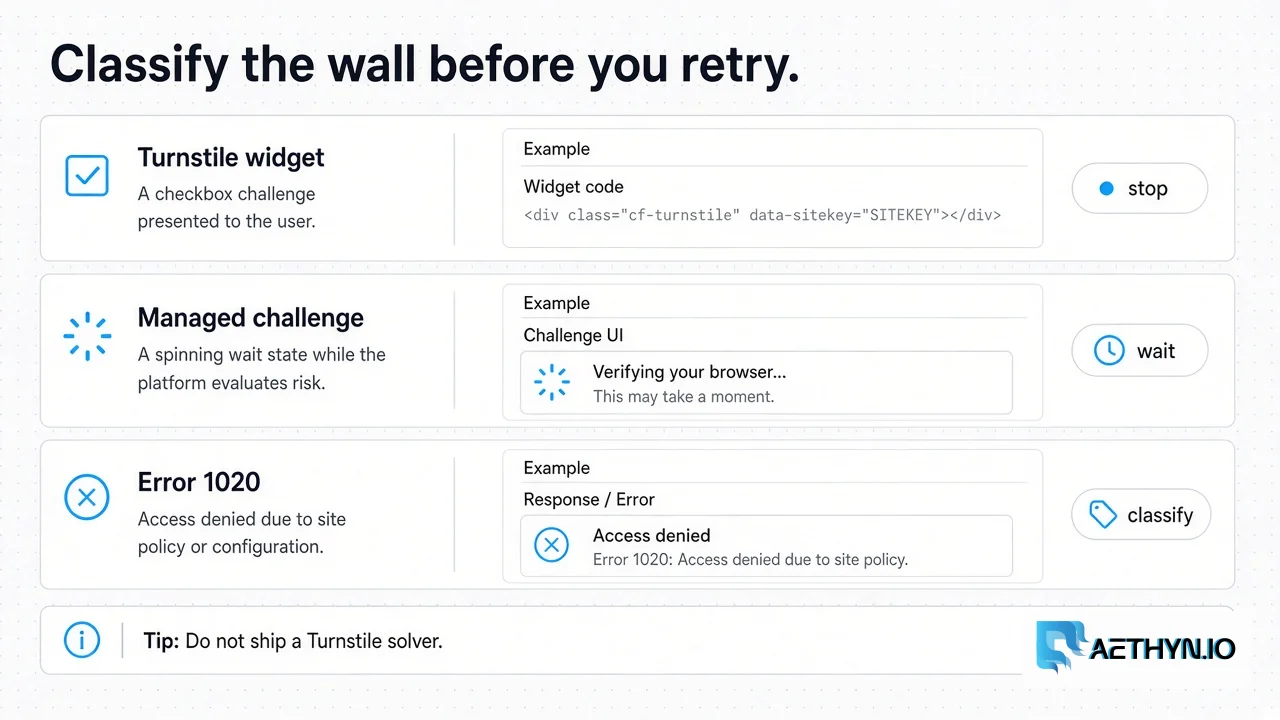 Turnstile is a widget. Managed Challenge is an interstitial. 1020 is the edge refusing you. Retrying the wrong one trains the campaign score. Three detector rows: Turnstile widget, Managed Challenge, and Error 1020
