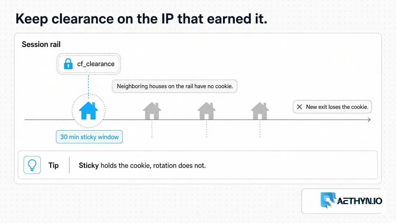 Sticky holds the cookie on the IP that earned it. A new exit without re-solving drops clearance. Keep cf_clearance on the household IP that earned it for about 30 minutes