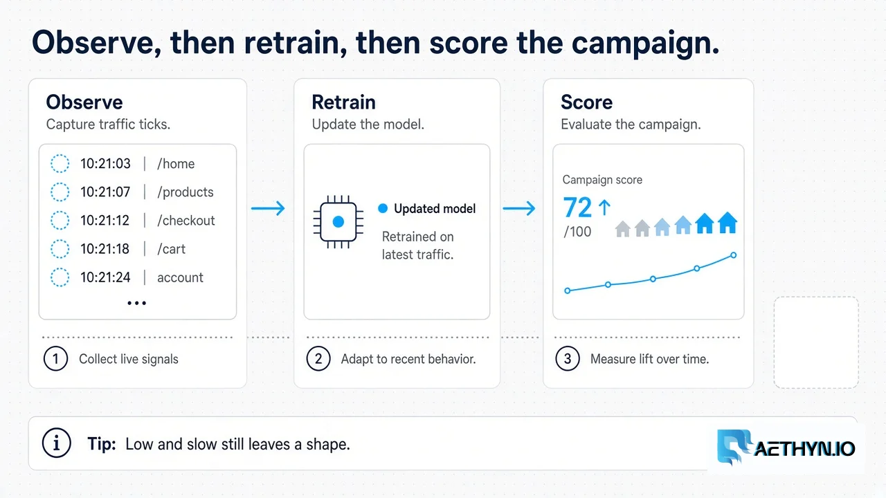 Adaptive Intelligence retrains continuously. Low-and-slow still leaves a shape when timing and TLS stay correlated across IPs. Observe, retrain, then score the campaign across many household exits