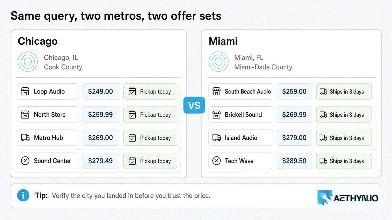 Same Google Shopping query from two household exits in different US metros returning different merchants, prices, and pickup chips