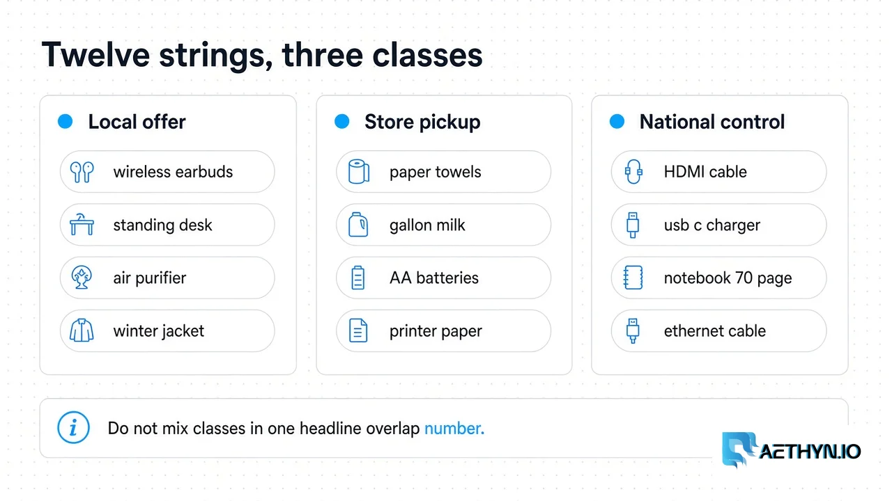 Local-offer and store-pickup queries are the object of study. National controls should not collapse between cities if the collector is clean. Twelve strings, three classes