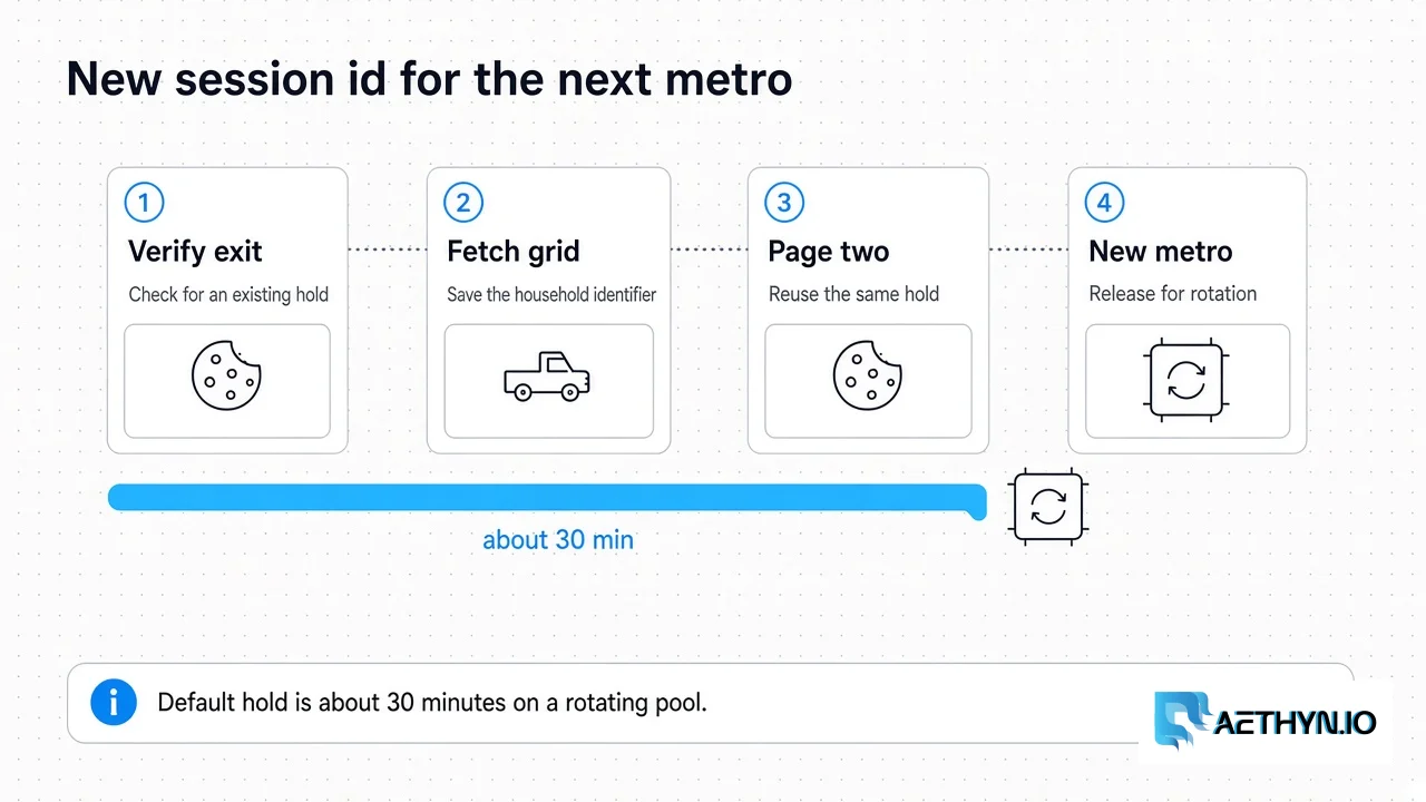 Default 30 minutes on a rotating residential pool — not a static dedicated IP. New session id per city. Sticky holds one rotating-pool IP for the metro pass