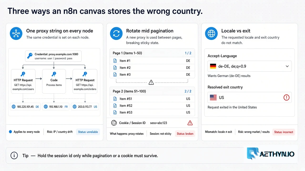 One credential reused across nodes, rotation mid-pagination, and a locale that contradicts the exit. Three ways an n8n canvas stores the wrong country