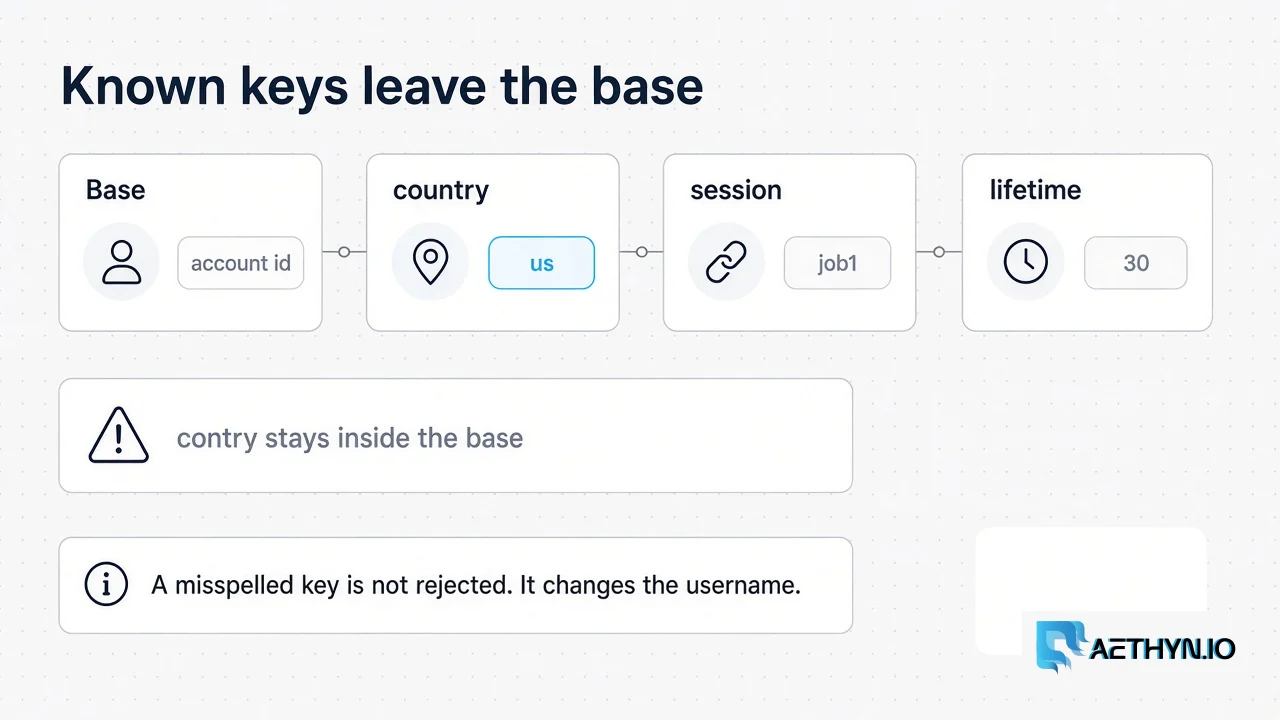 Known keys are country, city, state, region, zip, isp, session, lifetime, and type. Base, then country, session, and lifetime — a misspelled key stays in the base