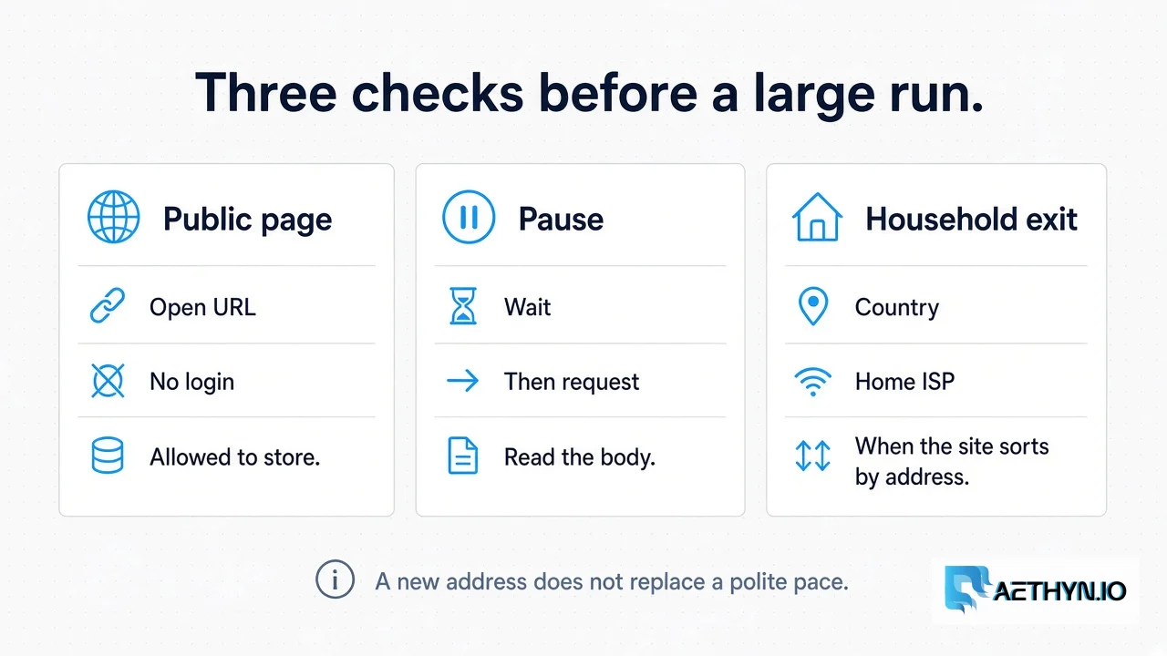 Public page, a pause, and a household exit only when the address is part of the answer. Three checks before a large run: a public page, a pause between requests, and a household exit when the site sorts visitors by address