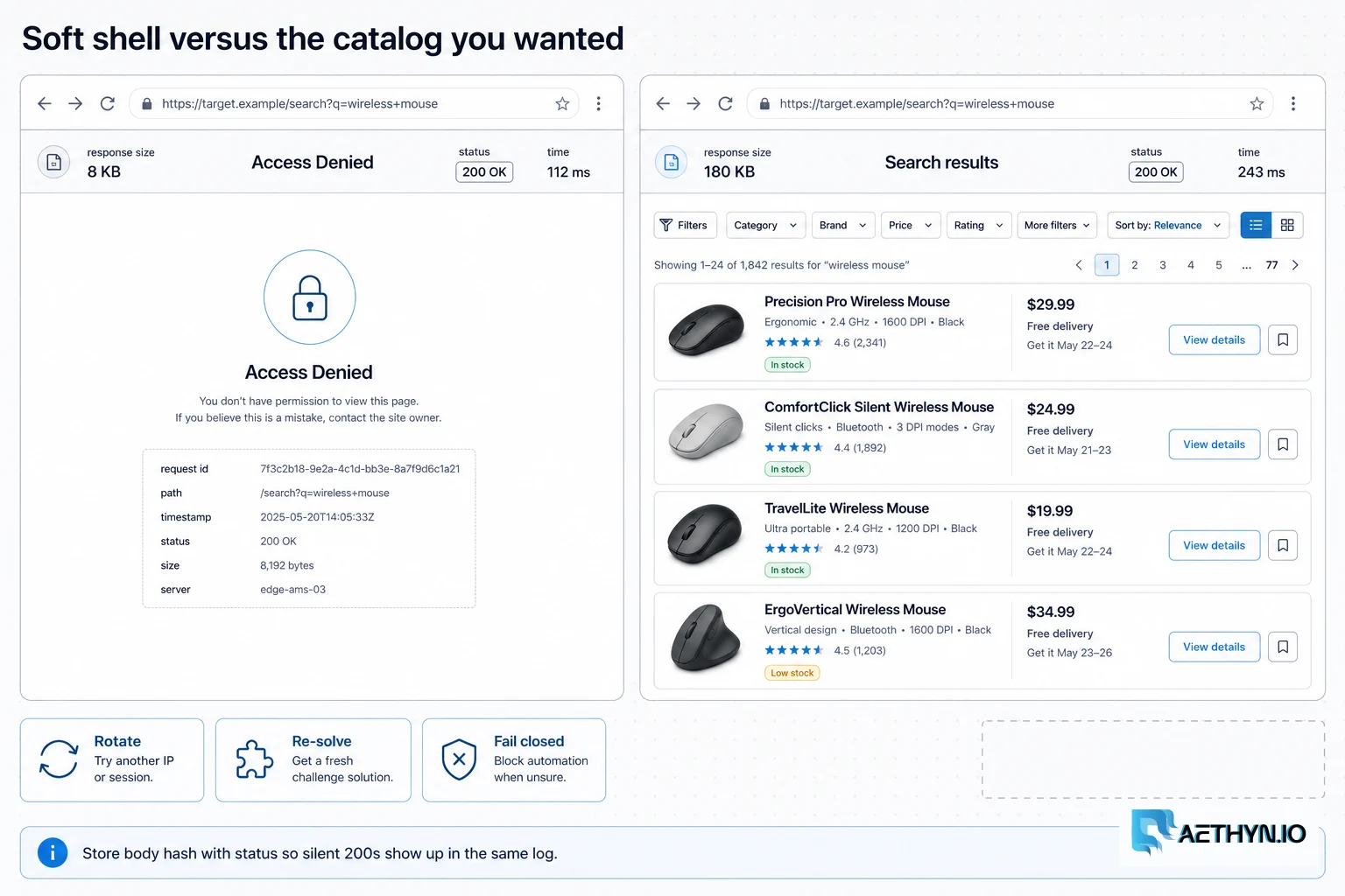 Two browser panes comparing a soft deny shell with a packed product catalog.