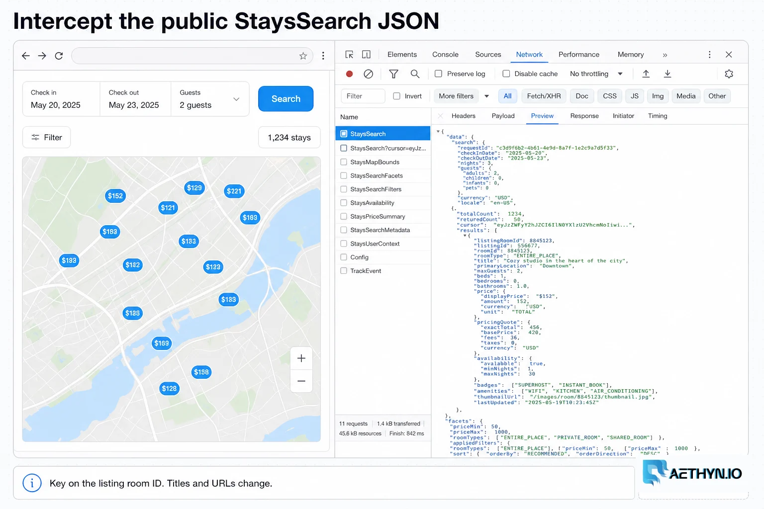 Browser network pane intercepting public StaysSearch JSON keyed on listing room ID.
