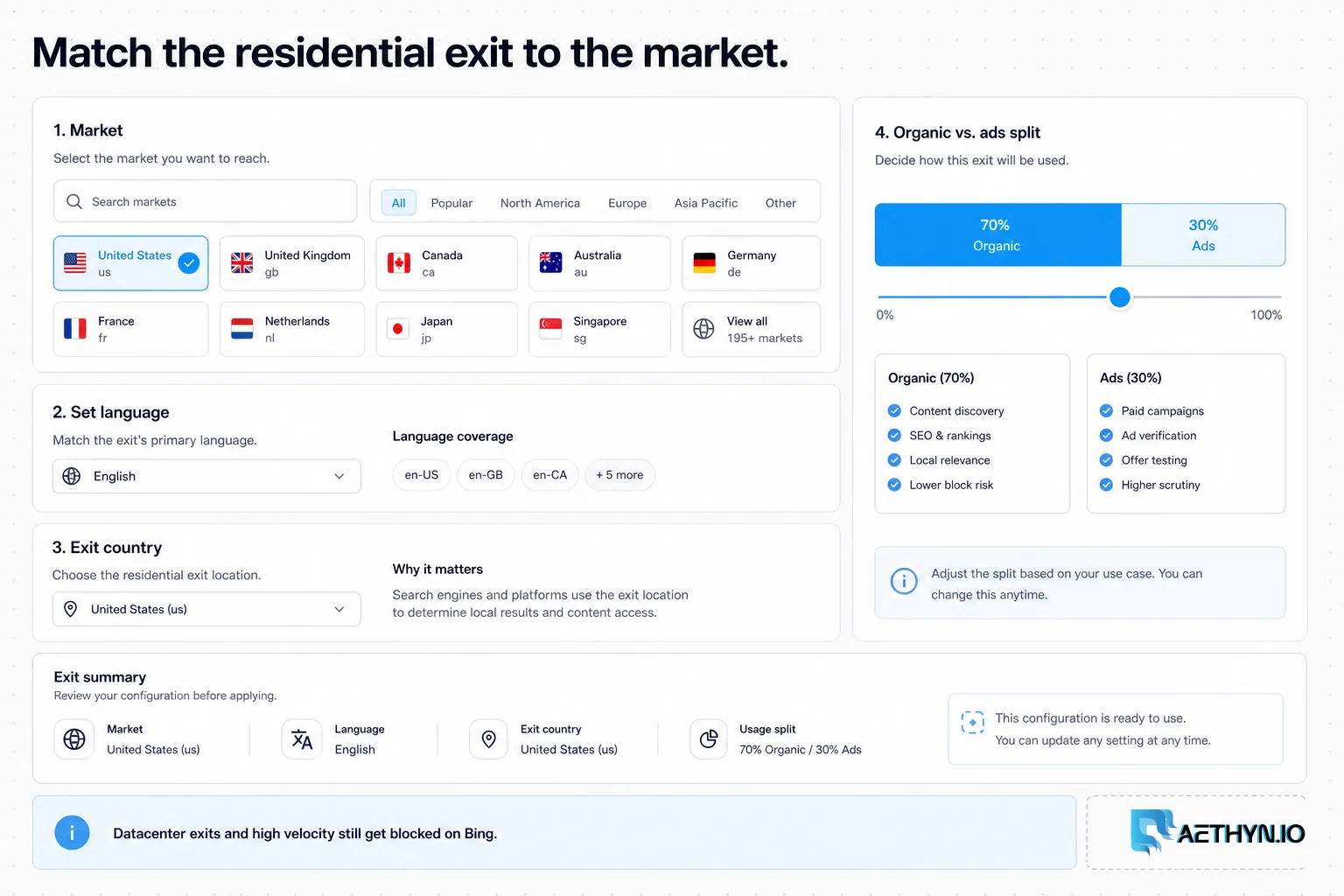 Form matching the residential exit country to Bing mkt and setlang.
