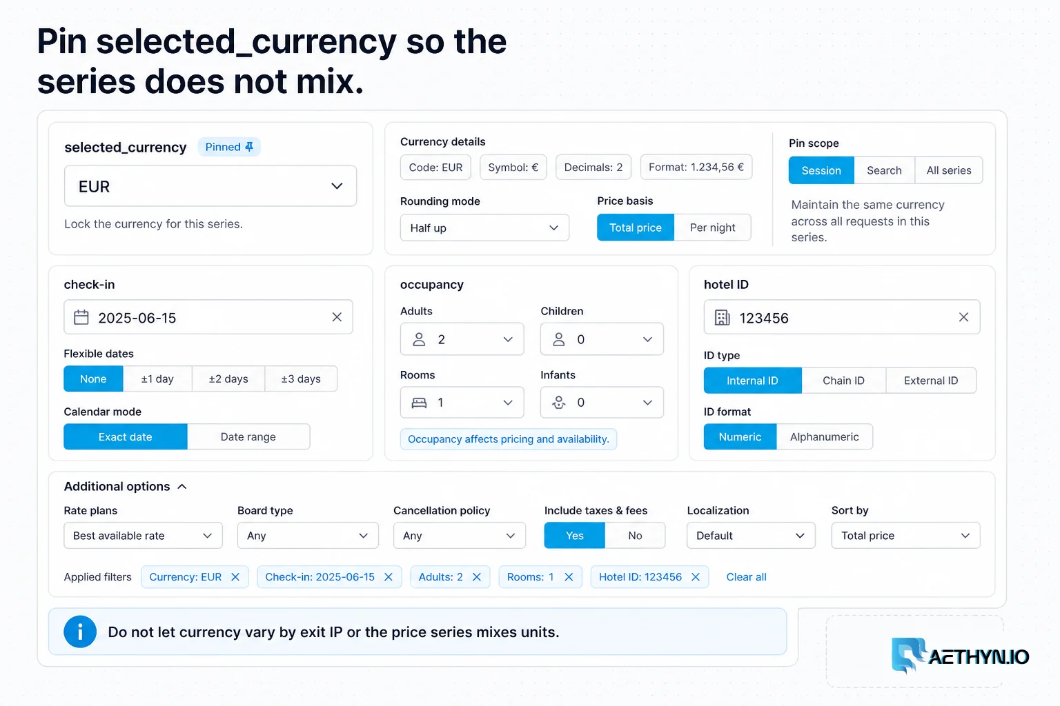 Form pinning selected_currency so a hotel rate series does not mix units by exit IP.