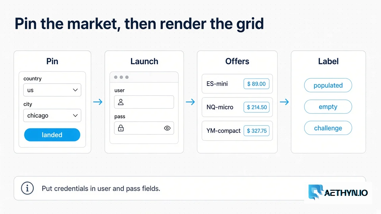 Four-stage pipeline: pin market, launch Playwright with user and pass fields, render offer cards, classify populated vs empty vs challenge.