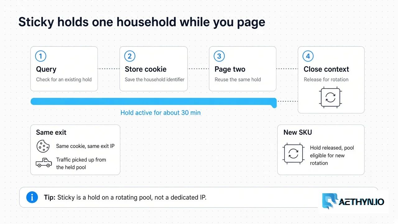 Session rail holding one rotating-pool residential IP for query, store cookie, and page two, then rotating for the next SKU.