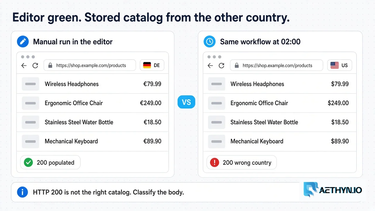 Editorial board contrasting a green n8n editor run that stored euro prices with a scheduled run of the same workflow that stored dollar prices from another country.