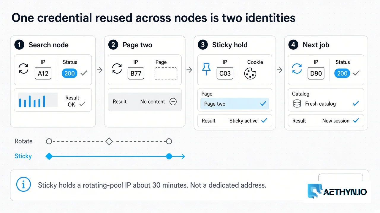 Session rail of four n8n nodes: rotate on search, empty page two after a new IP, sticky hold for pagination, then a new session for the next job.