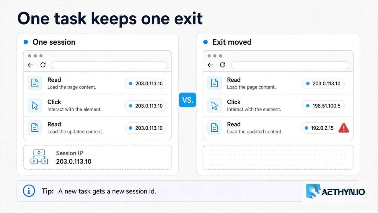 One agent task reading and clicking through a single IP, contrasted with the same steps leaving from three different IPs