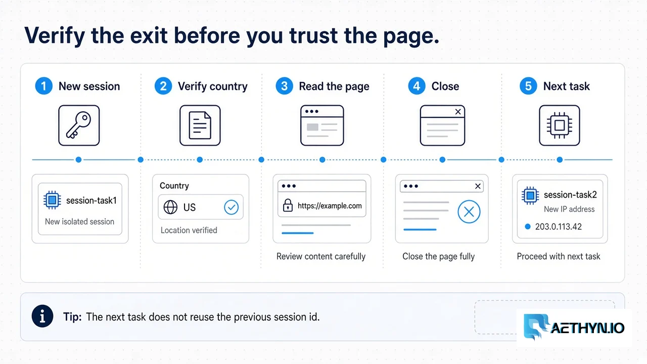 Five stations: new session, verify country US, read the page, close, then the next task on session-task2