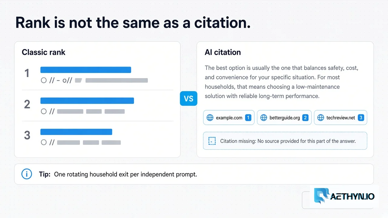 Classic blue-link rank table versus an AI answer with numbered citation chips from a household exit