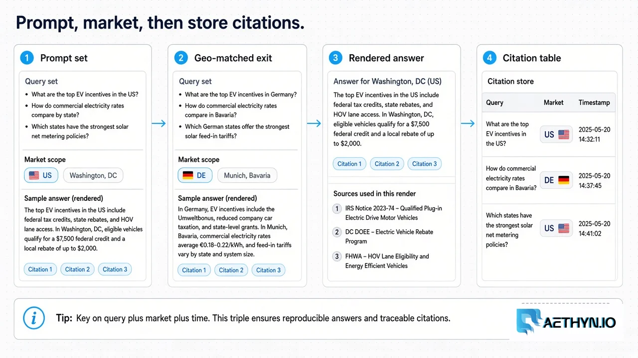Four steps for GEO collection: prompt set, geo-matched exit, rendered answer, citation table keyed by query market and time
