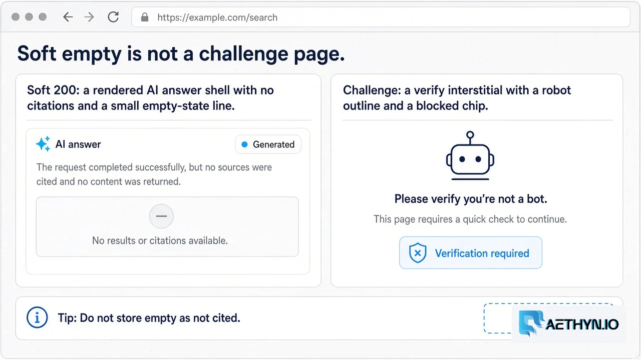 Soft 200 empty AI answer versus a challenge interstitial — two failures that must not share one not-cited label